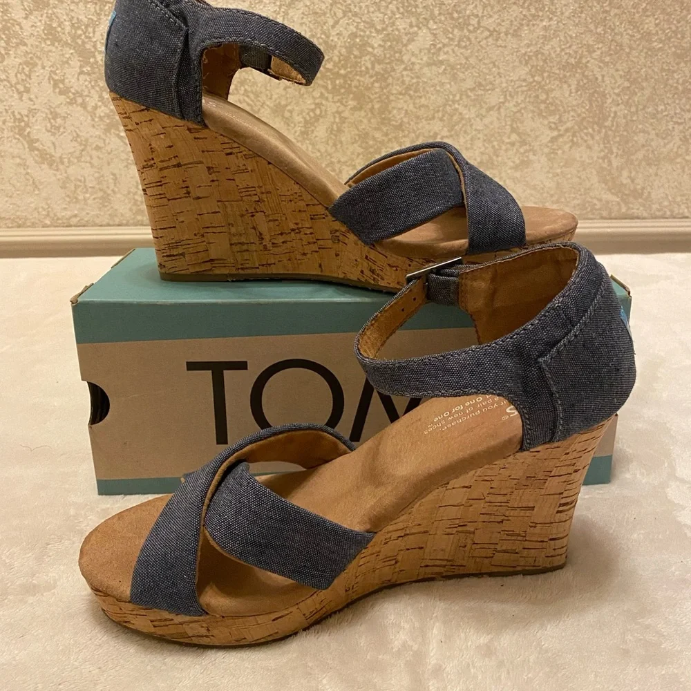 TOMS Blue Denim Cork Wedges